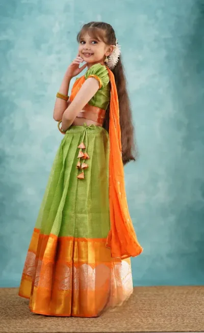 Kumaari - Green shade and Orange tone Organza Halfsaree