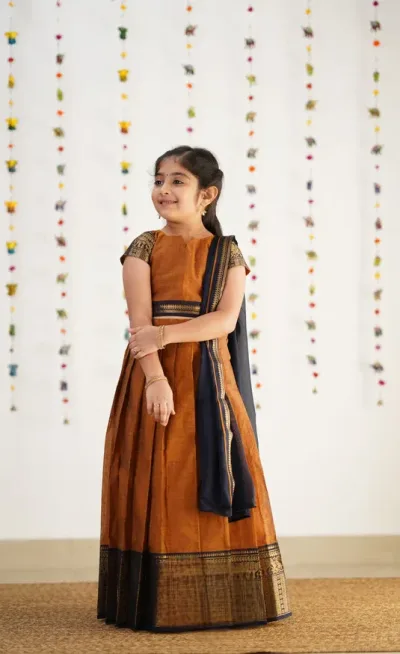 Kumaari Half Saree - Light Brown & Navy Blue