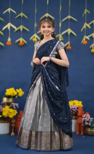 Kumaari Ash and Navy Blue Paithani Kota Halfsaree
