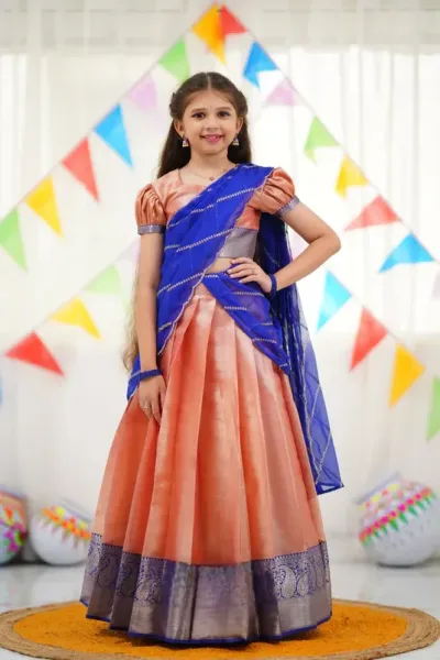 Kumaari Half Saree - Peach and Royal Blue