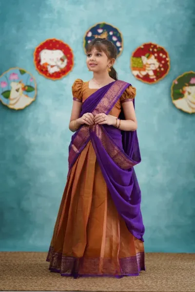 Kumaari - Two tone Orange and Purple Cotton Halfsaree