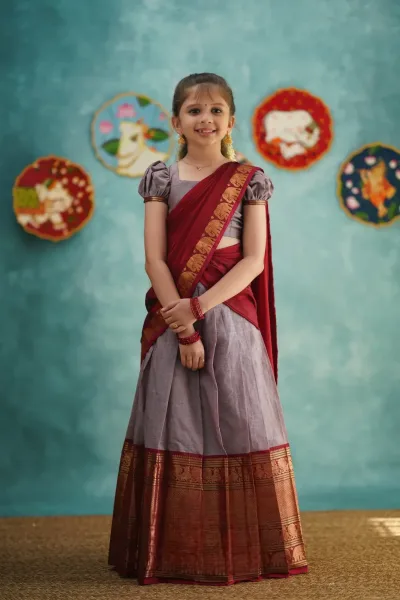 Kumaari - Mauve and Red Cotton Halfsaree