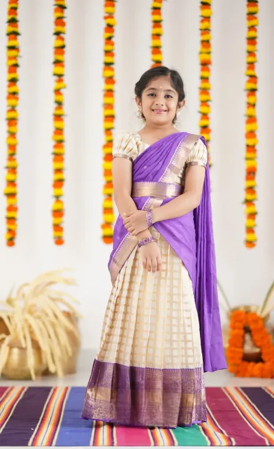 Kumaari Half Saree - Off white and Purple