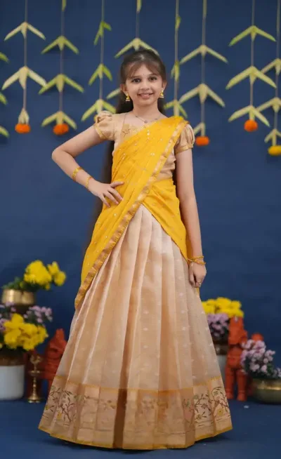 Kumaari Light Yellow and Yellow Paithani Kota Halfsaree