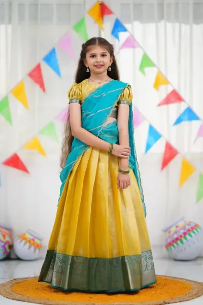 Kumaari Half Saree - Yellow and Teal Blue
