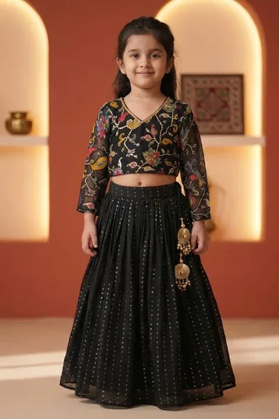 Girls Black Embroidered Lehenga Choli Set with Sheer Sleeves