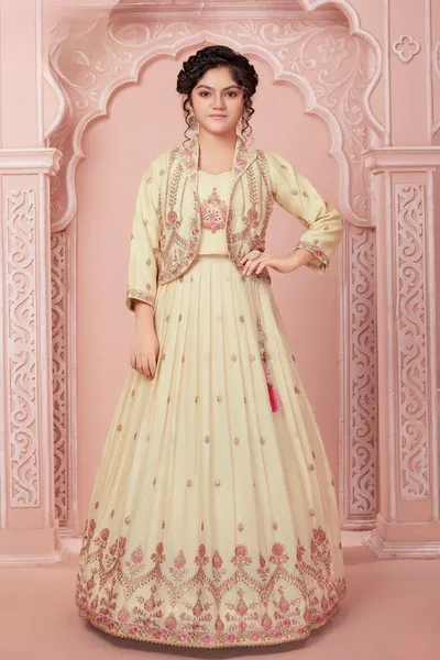Ivory 3-Piece Embroidered Jacket Lehenga Set for Girls