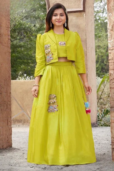 Lime Green Embroidered Lehenga Choli With Jacket For Girls