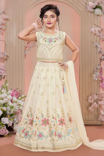 Girls Cream Embroidered Lehenga Choli with Dupatta