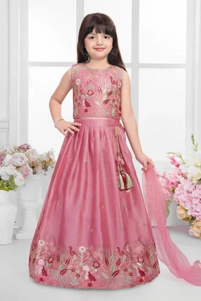 Pink Floral Embroidered Lehenga Choli with Dupatta For Girls
