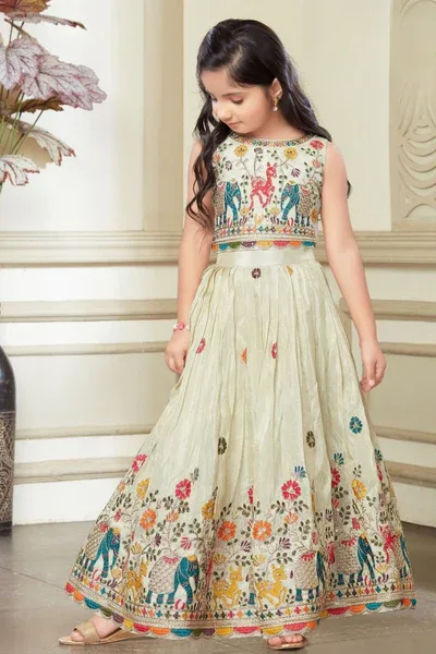 White Pink Folk Embroidered Lehenga Choli for Girls