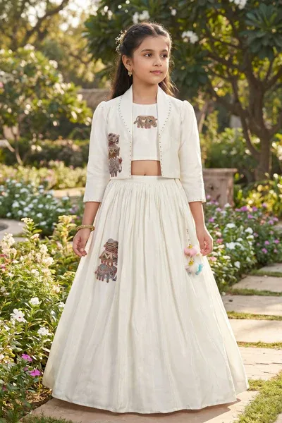 White Embroidered Lehenga Choli With Jacket For Girls