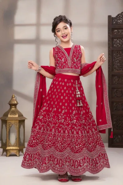 Rani Pink Embroidered Lehenga Choli Set with Dupatta For Girls