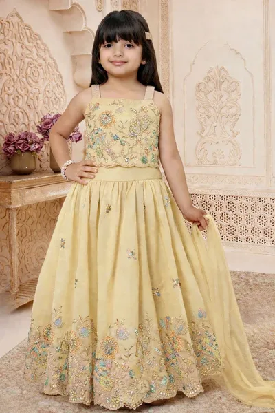 Girls Fawn Floral Embroidered Lehenga Choli with Dupatta
