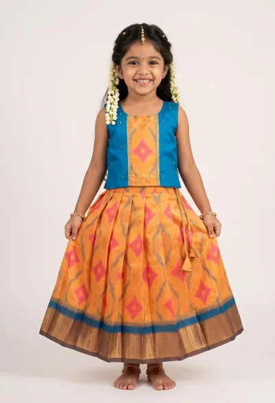 Teal Blue Peach Orange Designer Minipattu