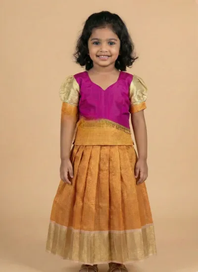 Orange and Pink Tissue Silk Pavadai for Girls – Festive Traditional Kids Wear