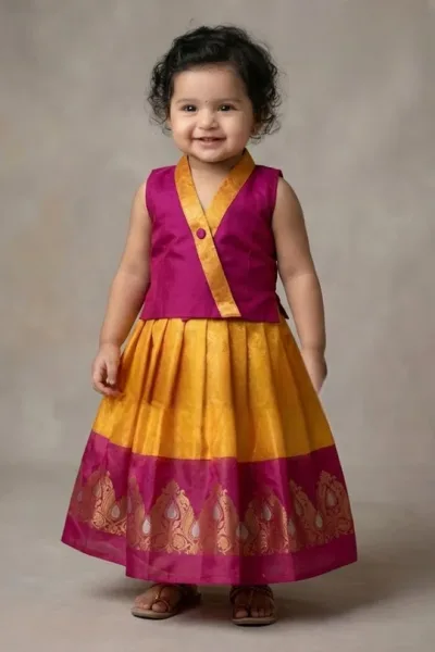 Kids Yellow and Pink Pattu Pavadai – Kora Muslin Silk Skirt and Top for Girls