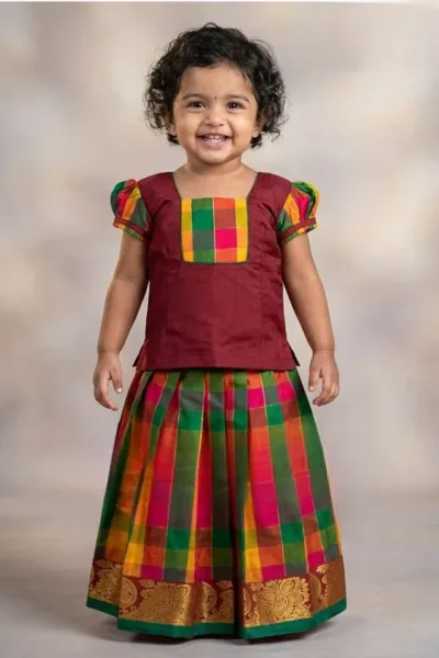 Raw Silk Checked Pavadai Red And Green – Traditional Pattu Pavadai for Kids