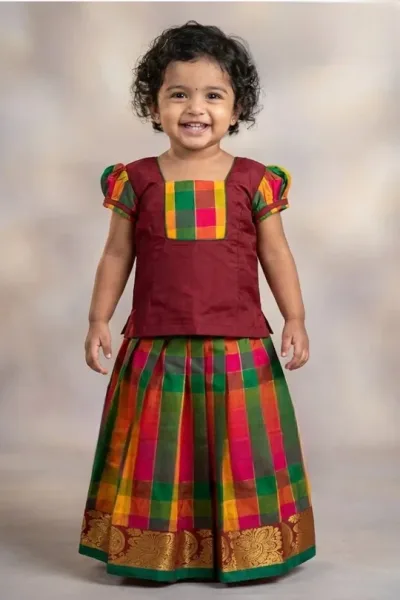 Raw Silk Checked Pavadai Red And Green – Traditional Pattu Pavadai for Kids
