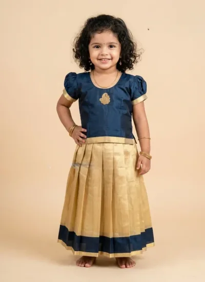 Golden and Green Tissue Silk Pavadai for Girls – Traditional Kids Ethnic Wear Set