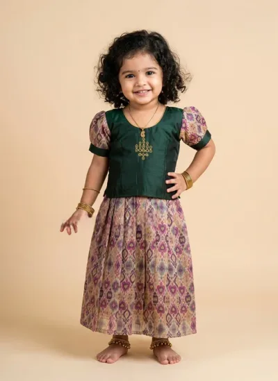 Tissue Brown Skirt with Dark Green Top Set for Girls – Traditional Ethnic Wear