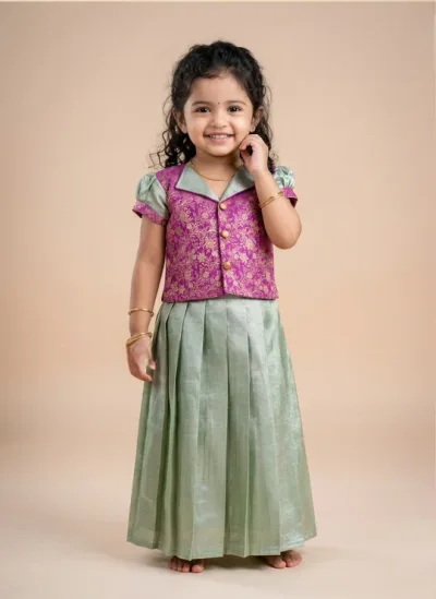 Tissue Silk Pastel Green and Mild Pink Skirt Set for Girls – Elegant Ethnic Wear