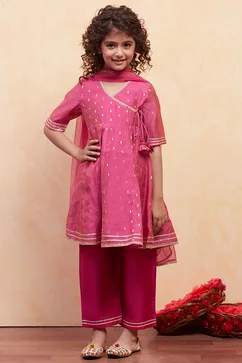Pink Yarn Dyed Angrakha Anarkali Suit Set