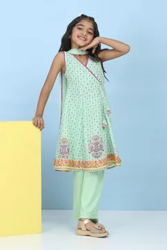 Green Cotton Floral Printed Anarkali Suit Set