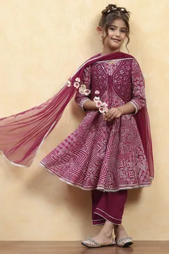 Purple Cotton Printed Anarkali Suit Set