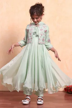 Matcha Green Polyester Blend Anarkali With Jacket Kurta Set