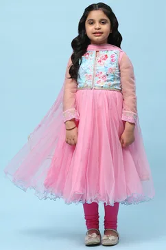 Pink Net Anarkali Kurta and Churidar Suit Set