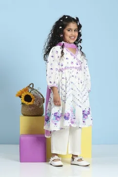 White Cotton Printed Angrakha Anarkali Suit Set