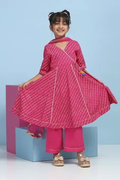 Pink Cotton Printed Anarkali Suit Set