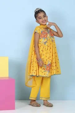 Yellow Cotton Floral Printed Anarkali Suit Set