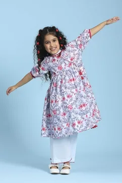 Blue Cotton Printed Angrakha Anarkali Suit Set