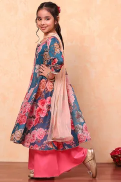 Teal and Pink Floral Printed Flared Festive Suit Set