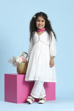 Off-White Cotton Metallic Pattern Anarkali Suit Set