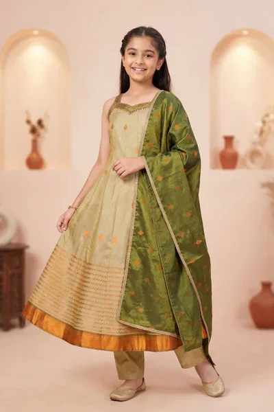Girls Gold Silk Kurta Set with Zari Border And Green Dupatta
