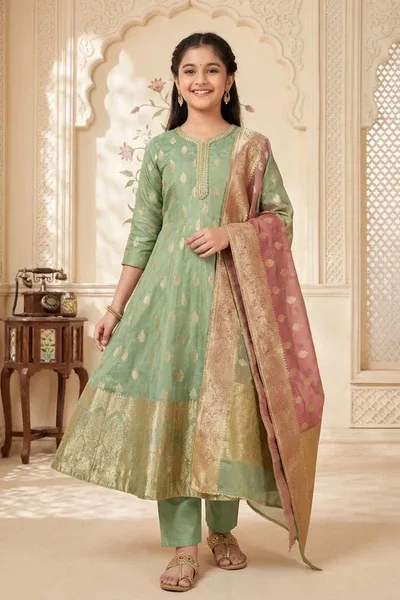 Girls Mint Green Kurta Set With Dupatta