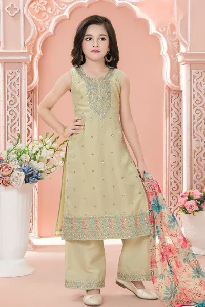Beige Embroidered Kurta Set with Floral Printed Dupatta For Girls