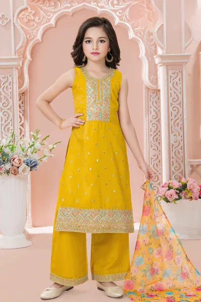 Mustard Yellow Embroidered Kurta Set with Floral Printed Dupatta For Girls