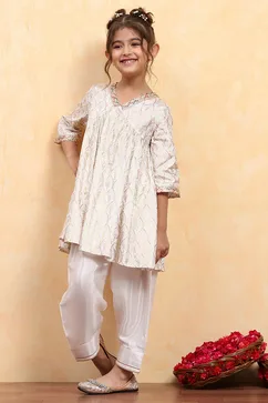 White Viscose Rayon Printed Anarkali Kurta Pants Set