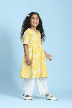 Yellow Cotton Printed Anarkali Kurta Set