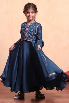 Teal Polyester Blend Anarkali Suit Set