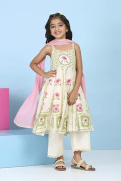 Off White & Green Cotton Floral Printed Anarkali Suit Set