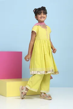 Lime Green Cotton Embroidered Anarkali Suit Set