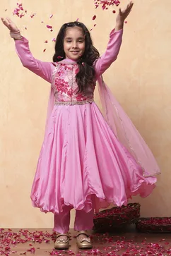 Pink Polyester Blend Anarkali With Jacket Suit Set