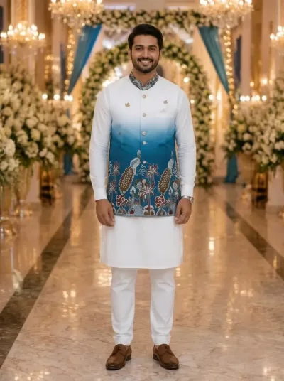 Premium Designer Wedding Wear Koti Kurta Pant Set