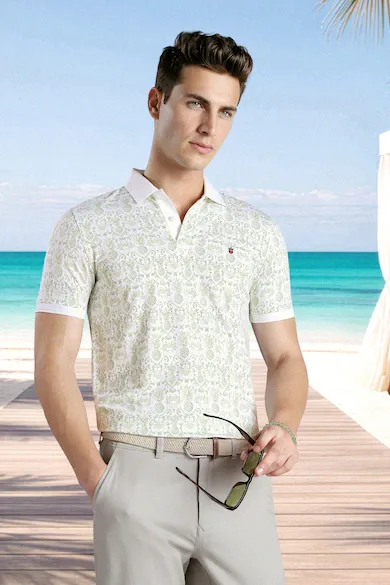 Men Bamboo Blend Print Polo Neck Summer Casual T-shirt