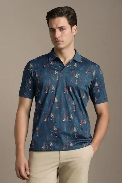 Men Blue Print Polo Neck T-shirt